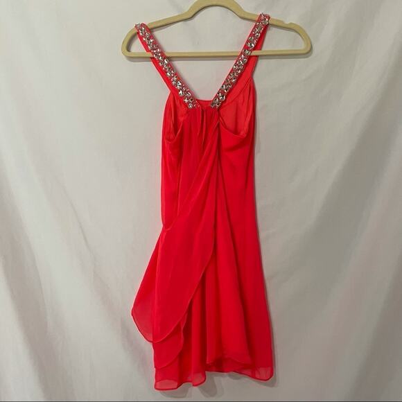 Hailey Logan Neon Orange Prom Dress Womens 4 Short Draped Barbie Mini Rhinestone - Picture 7 of 9